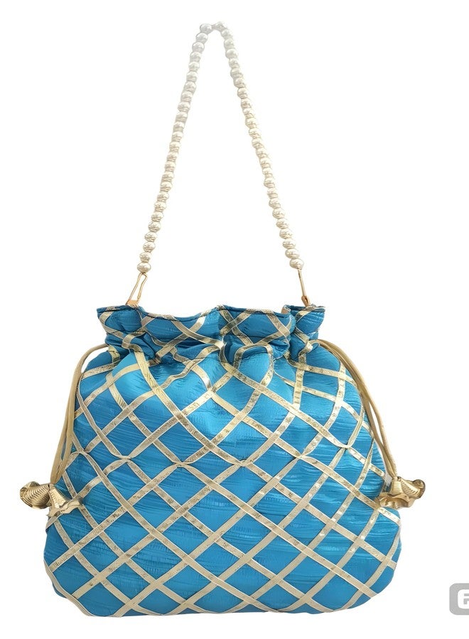 DUCHESS Women's Gota Patti Blue Potli Bag Purse with Pearl Handle (Pack of 2) - Image 5